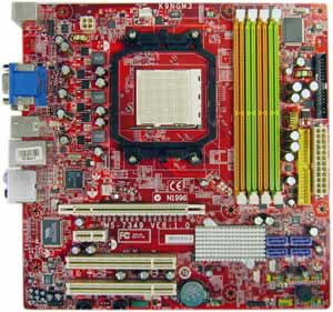 MSI K9NGM3-FIH Motherboard, AMD ® Athlon 64/ 64X2 & Sempron in the socket AM2 package, nVidia ® MCP68PV chipset,  1 PCI Express x 16, 1 PCI Express x 1, 2 PCI, DDR 2DIMM,  LAN, USB, IDE, SATA2,  RAID, Firewire, Video, Audio, Micro-ATX Form Factor 