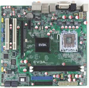 EVGA 112-CK-NF77-A1 Motherboard, Supports Intel® Core2 Quad, Core2 Extreme, Core2 Duo, Pentium® EE, Pentium® D, Pentium® 4, Celeron® D processors in the LGA 775 package, nVidia GeForce 7150 chipset, 1 x PCIe x16, 1 x PCIe x1, 2 x 32-bit 33MHz PCI, DDR2,  LAN, USB, IDE, SATA2, RAID, Firewire, Video (VGA, HDMI & DVI), Audio, SPDIF, Micro-ATX Form Factor