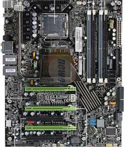 EVGA 132-CK-NF78-A1 Motherboard, Supports Intel® Core2 Quad, Core2 Extreme, Core2 Duo, Pentium® EE, Pentium® D, Pentium® 4, Celeron® D processors in the LGA 775 package, NVIDIA nForce 780i SLI chipset, 3 x PCIe x16, 1 x PCIe x1, 2 x 32-bit 33MHz PCI, DDR2,  Dual LAN, USB, IDE, SATA2, RAID, Audio, SPDIF, Firewire, ATX Form Factor