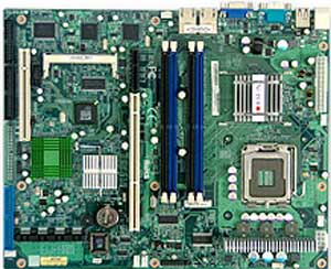 Supermicro PDSMI+ Motherboard, Single LGA775 ZIF Socket, Supports an Quad-Core Intel ® Xeon ® 3200, Dual-Core Intel ® Xeon ® 3000,  Quad-Core Intel ® Core2 Extreme, Intel ® Core 2 Quad, Core2 Duo, Pentium ® 4, Pentium ® D, Celeron ® D, Intel 3000 chipset, 1 (x8) PCI-Express Slot (via Riser Card) OR, 1x 64-bit PCI-X 133MHz Slot (via Riser Card),1x 32-bit 33MHz, DDR2 DIMM Up to 8 GB, LAN, USB, IDE, SATA, Video, ATX Form Factor