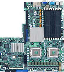 Supermicro X7DGU Motherboard, Chipset Intel ® 5000X (Greencreek), 1 (x16) PCI-e,  1x 64-bit 133MHz PCI-X, or 1 (x8) PCI-Express, DDR2 DIMM Up to 32 GB,  Dual LAN, USB, IDE, SATA, RAID, Video, Propietary ATX