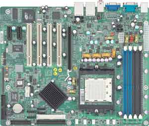 Tyan Tomcat K8E S2865ANRF,  µPGA 939-pin socket; supports AMD Athlon X2, FX processors, nVIDIA nForce4 core-logic, four DDR-400/333 DIMMs, Dual Lan, IDE, SATA II, Firewire