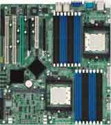 Tyan Thunder K8HM (S3892G3NR) Dual Opteron, Up to two AMD Opteron 200 series processors, ServerWorks BCM5780 + BCM5785 chipset, Sixteen (16) 184-pin 2.5-Volt DDR DIMM sockets (eight on CPU 1 and eight on CPU 2) Supports DDR 266 / 333, Triple Lan, (4) SATA ports at 1.5 Gb/s with NCQ supported