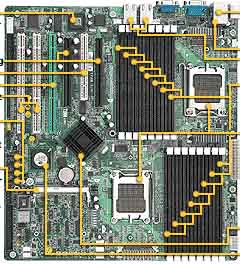 Tyan Thunder h2000M (S3992G3NR) Opteron 2000, Dual 1207-pin ZIF sockets support up to two AMD Opteron (Rev.F) 2000 series processors, Broadcom BCM5780 (HT2000) + BCM5785 (HT1000) chipset, Up to 32GB reg. DDR-II 400/533/667MHz mem, Triple Lan