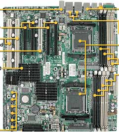 Tyan Thunder n6650W (S2915A2NRF) Opteron 2000, Dual 1207-pin sockets support AMD Opteron (Rev. F) 2000 series processors, ,nVidia NFP3600 & NPF3050 + NEC nPD720404 PCI-X tunnel + SMSC 5307 Super I/O controller, 8x 240pin DDR2-667/533/400 DIMMsDIMMs, Dual Channel, un-buffered ECC/non-ECC, Max capacity 32 Gb, 1x ATA-133 channel,6x SATA2 ports,Support RAID 0,1,0+1,5 and JBOD