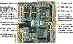 Tyan Thunder n6650W (S2915WA2NRF) Opteron 2000, Dual 1207-pin sockets support AMD Opteron (Rev. F) 2000 series processors, ,nVidia NFP3600 & NPF3050 + NEC nPD720404 PCI-X tunnel + SMSC 5307 Super I/O controller, 8x 240pin DDR2-667/533/400 DIMMsDIMMs, Dual Channel, un-buffered ECC/non-ECC, Max capacity 32 Gb, 1x ATA-133 channel,6x SATA2 ports,Support RAID 0,1,0+1,5 and JBOD