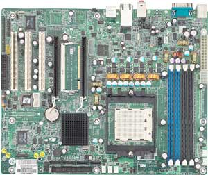 Tyan Tomcat K8E-SLI Socket 939 for AMD Athlon 64 and Opteron, nVIDIA nForce, 4 DDR-DIMM, 2 PCI-Express 16x, 1 SO-DIMM, 3 PCI, AUDIO, VIDEO, LAN, USB, FIREWIRE, SATA2, IDE Support.