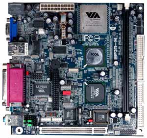VIA C3 On-board processor, VIA CLE266 chipset, 1 PCI, On-board Audio, Video, Lan, USB, Firewire, TV-out. Mini-ITX form factor.