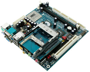 VIA C3 On-board processor, VIA CLE266 chipset, 1 PCI, 1 DDR, On-board Audio, Video, LAN, USB, Firewire, CardBus type I and II. Mini ITX.