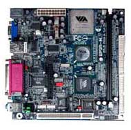 VIA EPIA M10000G Motherboard, On-board VIA C3 processor, VIA CLE266 chipset, Up to 1 GB in RAM DDR, 1 PCI, On-board Audio, Video, LAN, USB, Firewire, TV Out, Mini-ITX form factor.
