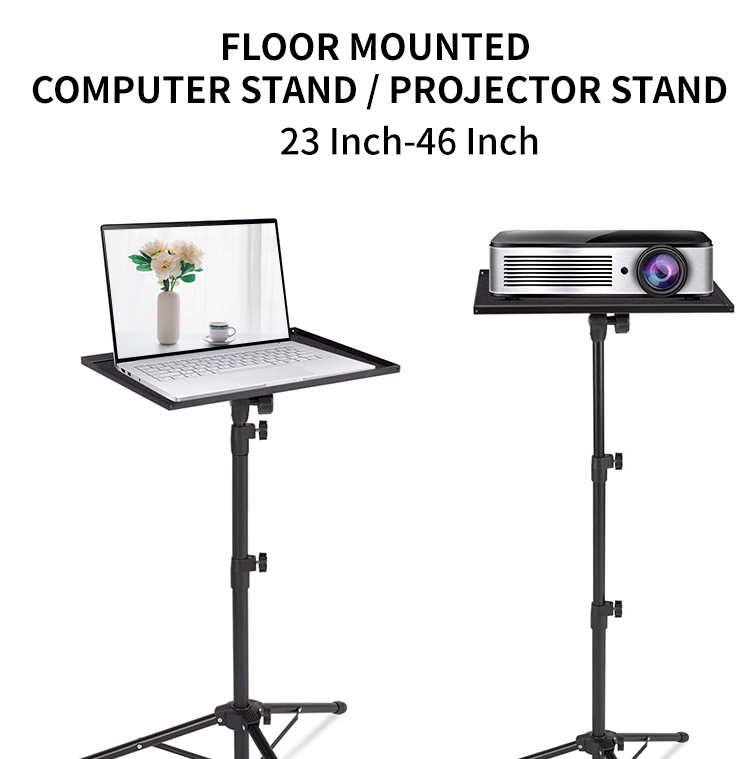 Floor mounted tripod stand for laptops, projectors, dj equipment, presentations. Height adjustable