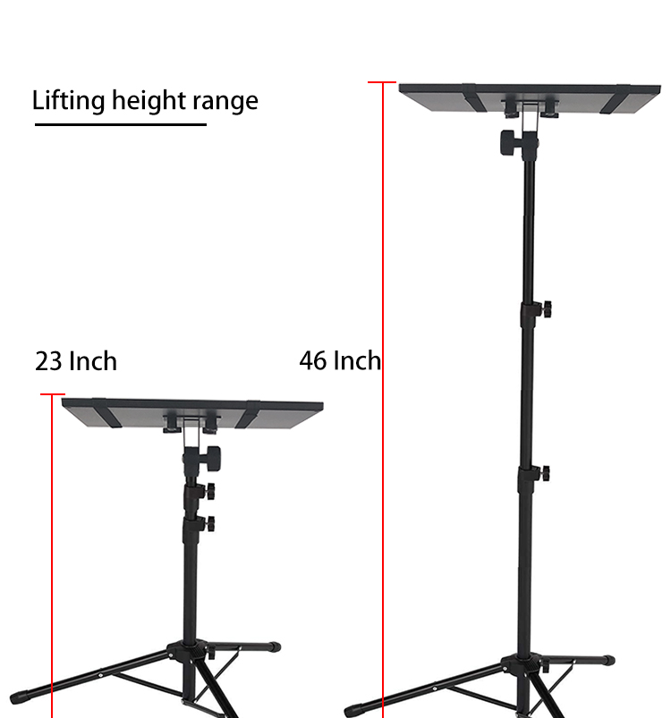 Floor mounted tripod stand for laptops, projectors, dj equipment, presentations. Height adjustable