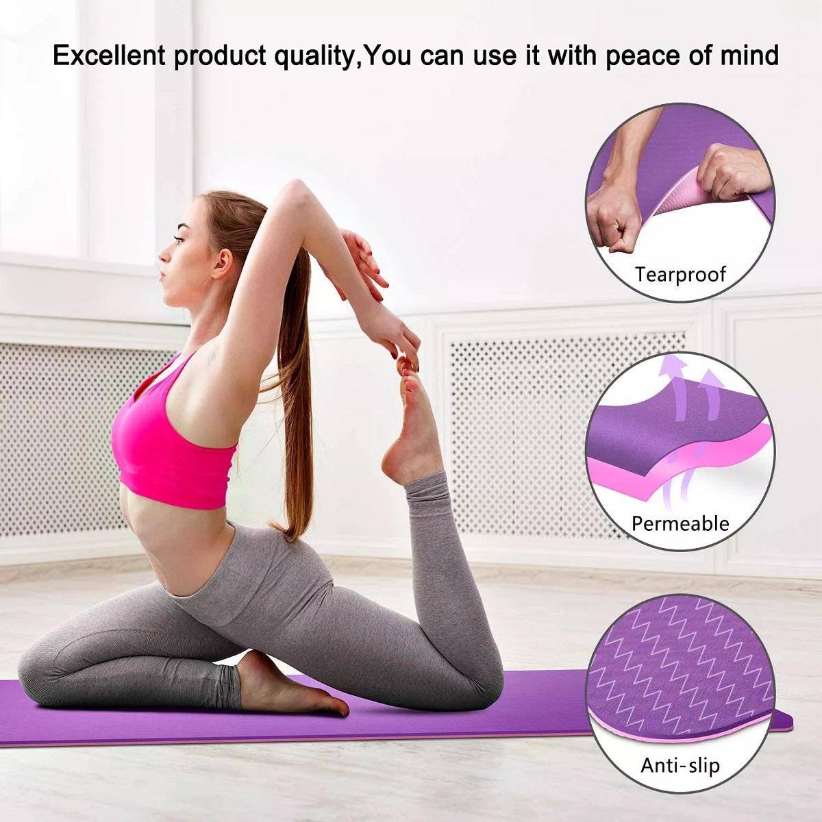 portable yoga mat, exercise mat, fitness mat, 72 x 24 x 1/2 inch thick, purple