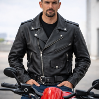 Mens Genuine Cowhide Leather Biker Motorcycle Jacket Brando Style Black M-3XL
