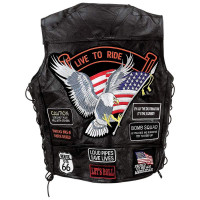 Diamond Plate Genuine Buffalo Leather Biker's Vest with 14 Embroidered Cloth Patches American Eagle