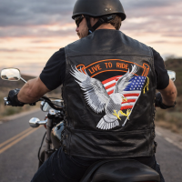 Genuine Leather Bikers Vest Hand-Sewn Pebble Grain LIVE TO RIDE Eagle patch