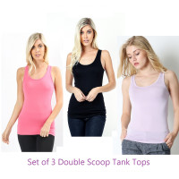 Tank Tops Women 3-Pack- Double Scoop Neck - Black, Coral & Lavender - S,