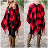 Plaid Buffalo Print Poncho Flannel Large Size 51" x 63" Red & Black Wrap Shawl