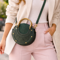 Leather Circle Crossbody Bag Small Purse Women's Shoulder Bag Dark Green