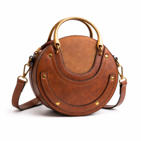 Genuine Leather Round Circle Crossbody Bag Small Brown Zip Top Shoulder Handbag
