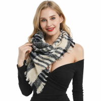 Large Oversized Scarf,Black Gray & Beige with frayed edges Warm & Soft