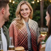 Large Oversized Scarf Multi-Color Stripes Red, Brown, Gray, Beige  with frayed edges Warm & Soft
