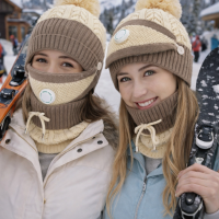 Pom Pom Beanie,+ Neck Scarf + Mask combo 3 piece Set Beige & Brown