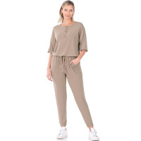 Ladies Casual Jumpsuit Half Sleeve Elastic Waistband draw cord side Pockets Ash Mocha