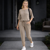 Casual Jumpsuit One Piece Outfit Lounge Soft Elastic Waist Slim Look Pockets