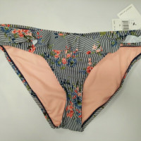 Gibson Latimer Ruffle Bikini Bottom Gray stripes with floral pattern