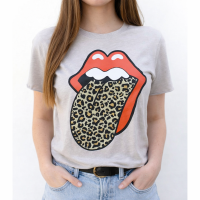 Rolling Stones Women's Cheetah's Tongue Tee, Gray T-Shirt with Red Lips animal print tongue graphic Tee