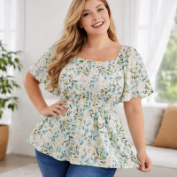 Plus Size Tops Botanical Print Boat Neck Short Sleeves Relaxed Fit Peplum Blouse