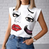 Sleeveless Mock Neck Top Graphic Summer Top White