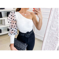 One Shoulder White Blouse with Black Polka Dot Puff Sleeve