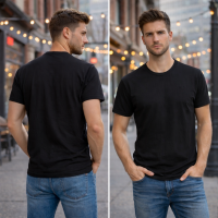 Basic Men's T-Shirt Round Neck Short Sleeve Cotton T-Shirt - Black