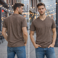 Basic Men's T-Shirt V-Neck Short Sleeve Cotton T-Shirt - Heather Brown