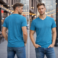 Basic Men's T-Shirt V-Neck Short Sleeve Cotton T-Shirt - Heather Blue