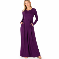 Long Sleeve Pleated Dress with Side Pockets - Dark Purple