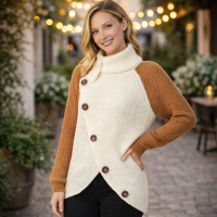 Wrap Style Sweater- Asymmetrical Hem - Contrast Sleeve Beige & Brown