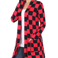 Long Checkered Cardigan,- Mid Thigh - Slouchy Pockets Ruby Red and Black