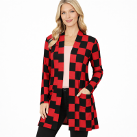 Long Checkered Cardigan,- Mid Thigh - Slouchy Pockets Ruby Red and Black