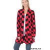 Long Checkered Cardigan,- Mid Thigh - Slouchy Pockets Ruby Red and Black