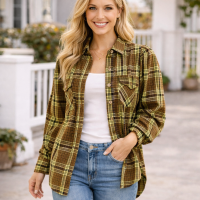 Buttoned down plaid checkered dress shirt,Puff sleeve Hi-Low hem shirt - Wasabi