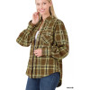 Buttoned down plaid checkered dress shirt,Puff sleeve Hi-Low hem shirt - Wasabi