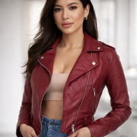 Belted Moto Jacket for Women Urban Trendy Elegant Vegan Leather Dark Red