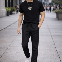 Men's Slim Fit Joggers Casual Pants side pockets Elastic Waist draw cord Black