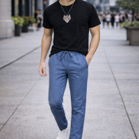 Men's Slim Fit Joggers Casual Pants side pockets Elastic Waist draw cord Blue