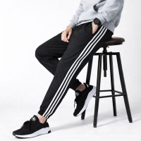 Black Casual Pants for men with side stripes Elastic Waist and draw cord with cuffed leg + side pockets