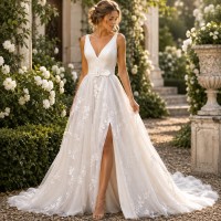 White Wedding Dress Floor Length Bridal Gown A-Line Deep V-Neck V-Back