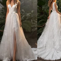 White Wedding Dress,Floor Length Bridal Gown A-Line Deep V-Neck V-Back